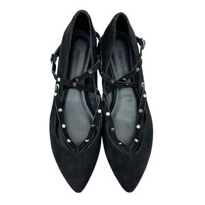 REBECCA MINKOFF Faye Suede Pointed Toe Flats • 6.5 • black • Stud Ankle Wrap